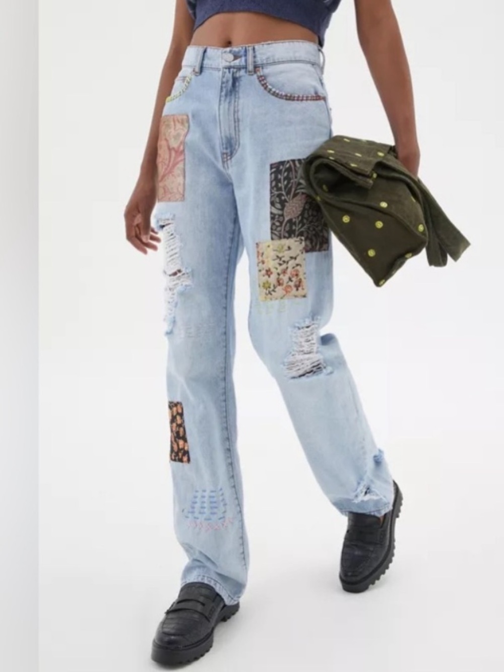 BDG Cowboy Patchwork Light Blue Boyfriend Distressed Jeans